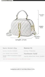 Detailed size specifications and material chart for white quilted faux leather handbag