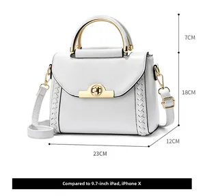 White PU leather bag with gold handles and V-shaped weave, size 23x18x12cm detail