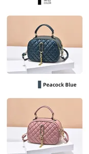 Close-up of quilted rhombus handbags in peacock blue and pink with gold tassels