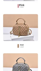 Detail of quilted菱格texture with metal tassel and adjustable chain strap on PU bags
