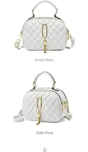 Front and side angle view of white quilted handbag with gold lock and chain strap
