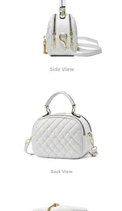 Side and back views of white quilted crossbody bag with gold hardware and tassel detail