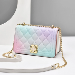Rainbow gradient quilted crossbody bag with golden chain and floral clasp for women