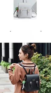 Détail du sac à dos en similicuir avec logo métallique et pendentif étoile verte