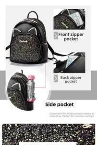 Detail of sequin mini backpack showing cat ear design and side storage pockets
