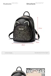 Detail view of mini sequin backpack with diamond cat ears and 24x27x15cm size specs