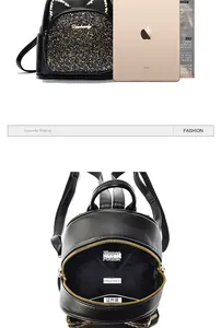 Detail view of mini sequin backpack internal pockets with iPad capacity comparison