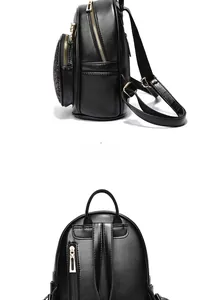 Detailed side and back view of a black mini backpack with purple sequin pocket and gold zippers