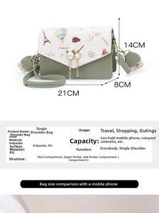 Detailed technical diagram of green PU crossbody bag showing 21x14x8cm dimensions