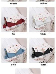 Detail view of stylish square crossbody bags in six colors with Eiffel Tower prints
