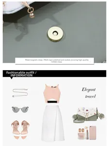 Detail of round magnetic metal clasp and elegant travel outfit matching with crossbody bag