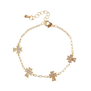 Elegant gold cross bracelet with micro-paved cubic zirconia on minimalist fine link chain