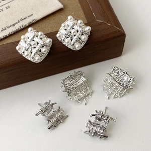 Geometric Stud Earrings Woven Texture Silver Plated Copper With Faux Artificial Pearls And Zircon Minimalist Luxury For Women