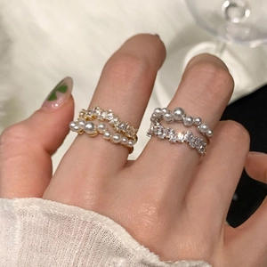 Bague Ouverte Double Couche Zircon Et Künstliche Perle D'imitation Élégant Accessoire Bijou Réglable Pour Femmes Luxe