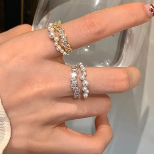 Ensemble de bagues doubles réglables avec zircons baguette et perles élégantes