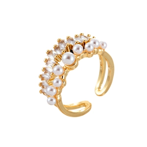 Bague double couche dorée ouverte avec perles blanches élégantes et zircons scintillants