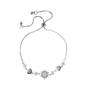Elegant silver snowflake bracelet with cubic zirconia charms and adjustable slide clasp