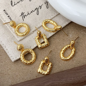 Geometric Hammered Texture Stud Earrings Gold Plated Copper Retro Minimalist Luxury Style Jewelry For Women