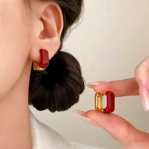 French vintage dark red enamel rectangle hoop earrings with gold plated metal frames