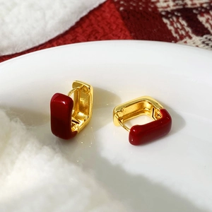 French retro gold-plated earrings with red enamel geometric rectangular design