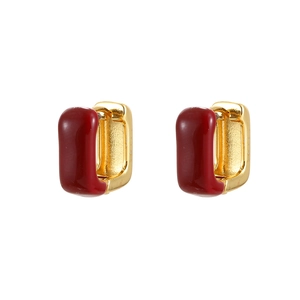 French retro gold-plated rectangular earrings with dark red enamel in minimalist style