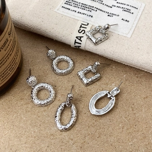 Geometric Hammered Texture Silver Plated Copper Drop Earrings Minimalist Luxury Jewelry For Women