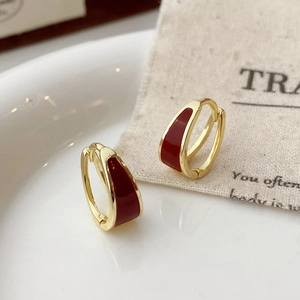 French Vintage Red Enamel Copper Huggie Hoop Earrings 14K Gold Plated Geometric Elegant Jewelry For Women