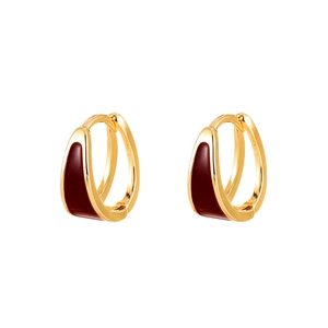 French vintage style gold plated oval hoop earrings with dark red enamel finish
