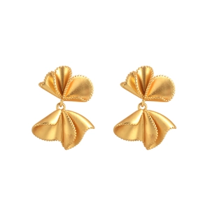 Matte gold bow earrings with layered pleated design and micro-beaded edges for women