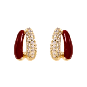 Elegant gold-plated C-shaped earrings with dark red enamel and micro-pave white zircons