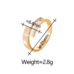 Detail showing dimensions of the gold interlaced ring with shell inlay and cz stones