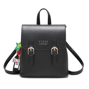 Sac à dos femme minimaliste en cuir PU noir avec boucles dorées et pendentif mignon
