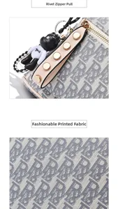 Detail of blue patterned fabric with studded zipper pull and bear charm