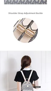 Detail showing adjustable shoulder strap with gold buckle on a beige monogram backpack