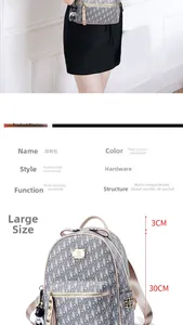 Detail view of gray monogram backpack with golden hardware and small bear charm accessory