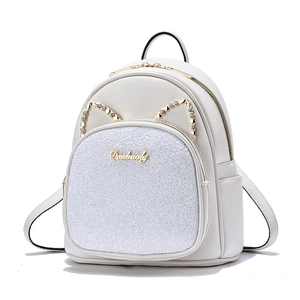 Mini Backpack PU Leather Glitter Sequin Cat Ear Rhinestone Decor Casual Cute Travel Fashion Shoulder Bag For Girls Women