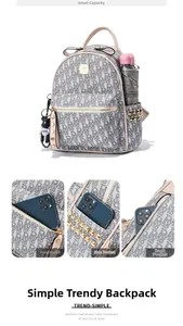 Detail view of small backpack showing front pocket, side pockets, and anti-theft back pocket