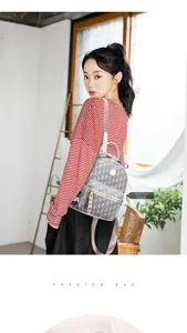 Fashionable small backpack with Dior-style monogram and adjustable straps on a model