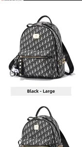 Detail view of large black backpack with monogram pattern, gold studs and bear charm