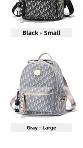 Detail showing jacquard backpack sizes in grey and black with gold studs and bear charms