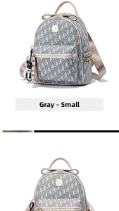 Detail view of small grey backpack with letter prints, front zip pocket and bear charm