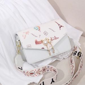 Women Fashion PU Leather Shoulder Crossbody Bag Travel Print Small Square Bag With Pearl Cat Ear Lock Wide Strap