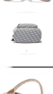 Detailed back and bottom views of a beige monogrammed fashion backpack with straps