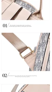 Close-up of beige leather handle and gold D-ring hardware on Oblique pattern backpack