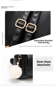 Detail of adjustable gold buckle on strap and white fur pompom charm with pearl decor