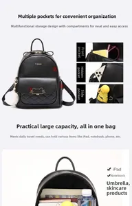 Detailed view of women's black PU leather backpack with multiple functional compartments