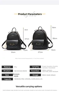 Detail view of black PU leather quilted backpacks with cat ear logos and pompom charms