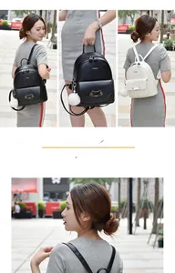 Detail of small quilted leather mini backpack with cat-shaped metal buckle and pompom charm
