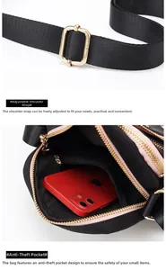 Detail der Oxford-Tasche mit verstellbarem Gurt, Goldbeschlägen und Diebstahlschutz-Innentasche