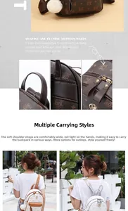 Detail eines Rucksacks mit Monogramm-Muster, Reißverschlüssen und Plüschball